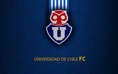 Club Universidad de Chile, 4k, logo, blue leather texture, Chilean football club, emblem, Primera Division, blue white lines, Santiago Nunoa, Chile, football