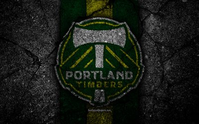 4k, Portland Timbers FC, MLS, asphalt texture, Western Conference, black stone, football club, USA, Portland Timbers, soccer, logo, FC Portland Timbers