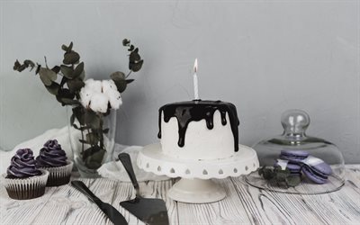Happy Birthday, white cake, chocolate cream, 1 year concepts, purple cupcakes, burning candle
