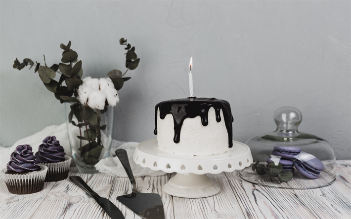 Feliz Cumplea&#241;os, blanco, pastel, crema de chocolate, 1 a&#241;o de conceptos, p&#250;rpura cupcakes, vela que arde