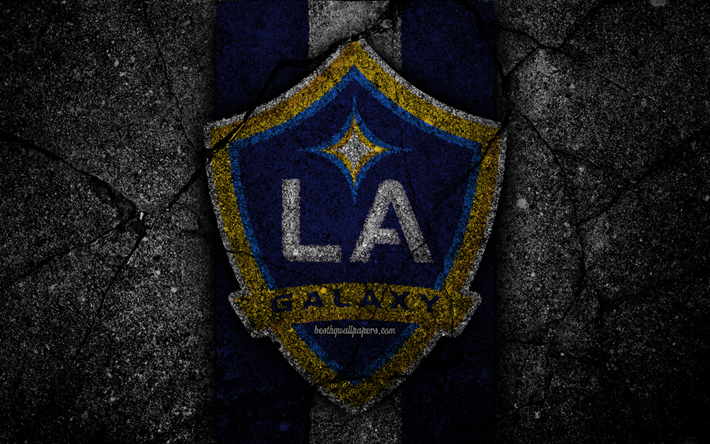 4k, Los Angeles Galaxy FC, MLS, asphalt texture, Western Conference, black stone, LA Galaxy, football club, USA, Los Angeles Galaxy, soccer, logo, FC Los Angeles Galaxy