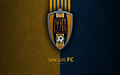 San Luis FC, 4k, logo, leather texture, Chilean football club, emblem, Primera Division, blue gold lines, San Luis Potosi, Mexico, football