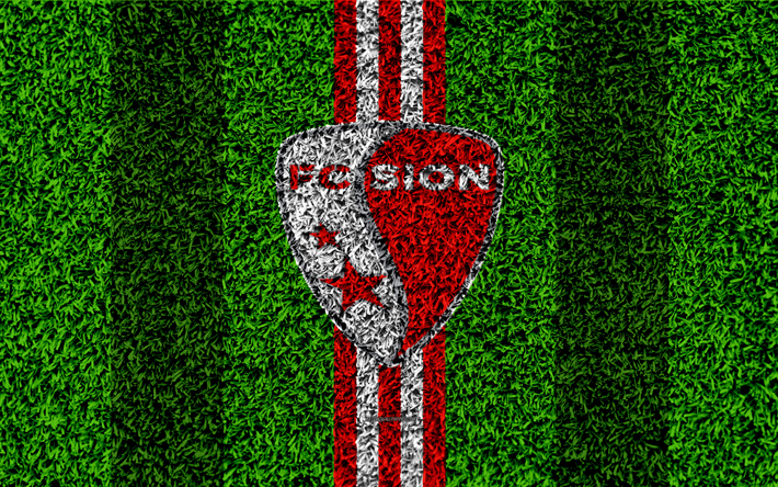 FC Sion, 4k, logo, futbol çim, İsviçre Futbol Kulübü, beyaz, kırmızı çizgileri, İsviçre Süper Lig, Sion, İsviçre, futbol, çim dokusu