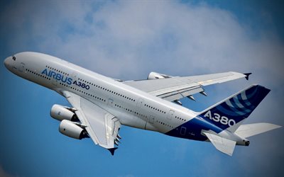 Airbus A380, flight, blue sky, passenger plane, A380, civil aviation, Airbus