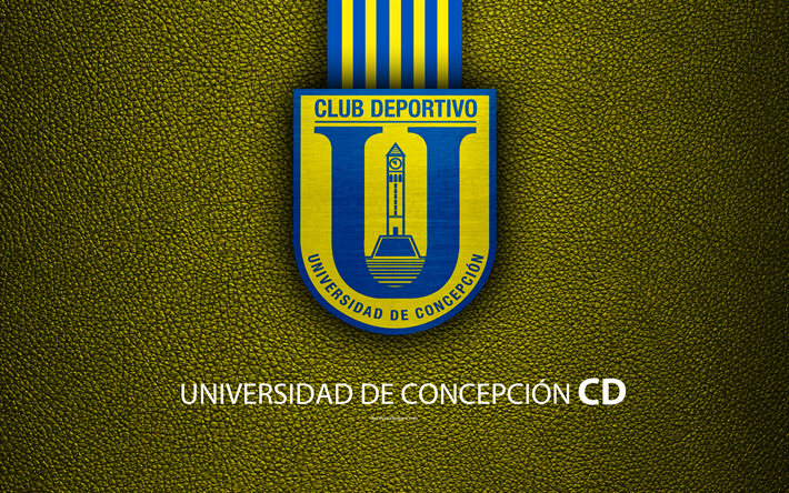 Club Deportivo Universidad de Concepcion, 4k, logo, leather texture, Chilean football club, emblem, Primera Division, yellow blue lines, Concepcion, Chile, football