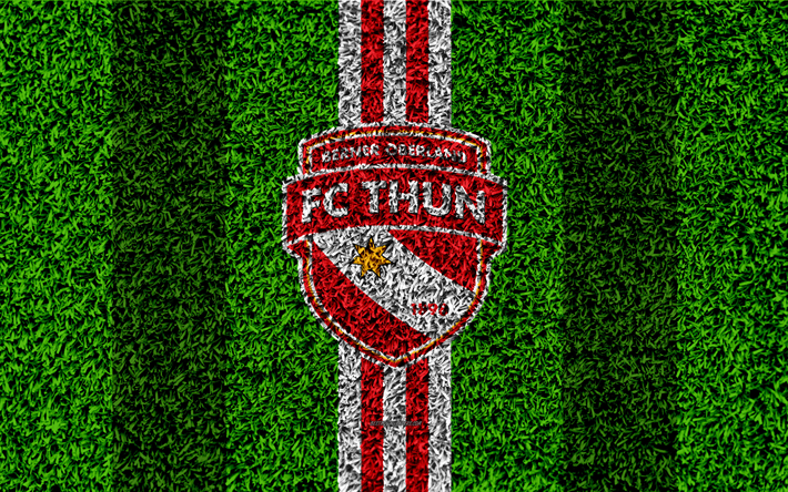 El FC Thun, 4k, logotipo, f&#250;tbol de c&#233;sped, suiza, club de f&#250;tbol, el blanco de l&#237;neas rojas, Swiss Super League, Tun, Suiza, f&#250;tbol, hierba textura