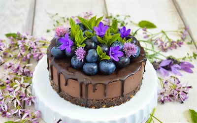 chocolate cake, berries, chocolate, blueberries, chocolate cheesecake, sweets, dessert