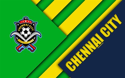 Chennai City FC, 4k, Hint Futbol Kul&#252;b&#252;, sarı yeşil soyutlama, logo, amblem, malzeme tasarım, Lig, Tamil Nadu, Hindistan, futbol