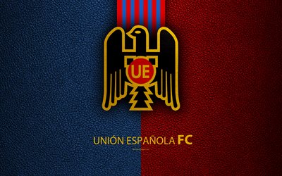 Union Espanola, 4k, logo, leather texture, Chilean football club, emblem, Primera Division, red blue lines, Independencia, Santiago, Chile, football