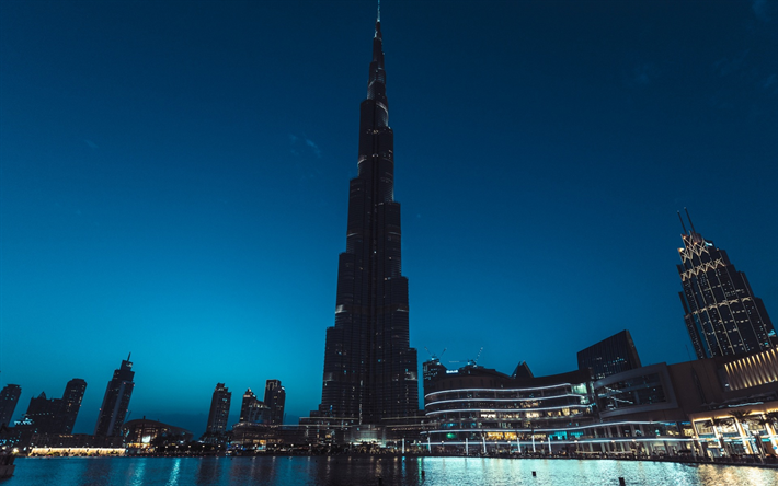 Burj Khalifa, Dubai, UAE, evening, the highest skyscraper, modern buildings, fountains, city lights, United Arab Emirates