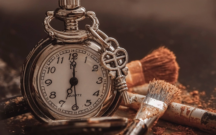 antiguo reloj de bolsillo, marca, borlas, conceptos de tiempo, de estilo retro