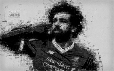Mohamed Salah, 4k, portrait, newspaper art, creative portrait of letters, Liverpool, Premier League, England, Egyptian footballer