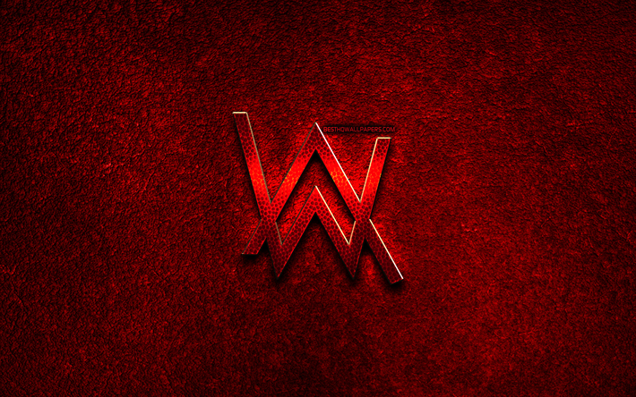 Alan Walker, logo, pierre rouge de fond, cr&#233;atif, marques, logo 3D, illustration, Alan Walker rouge logo en m&#233;tal