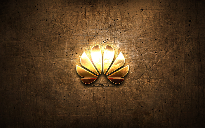Huawei kultainen logo, kuvitus, ruskea metalli tausta, luova, Huawei logo, merkkej&#228;, Huawei