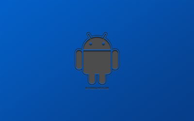 Android, ロゴ, ロボット, 青色の背景, お洒落な芸術, ミニマリズムにおけるメディウム, エンブレム, Androidロゴ