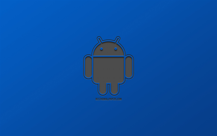 android, logo, roboter, blauer hintergrund, stilvolle art, minimalismus, emblem, android-logo
