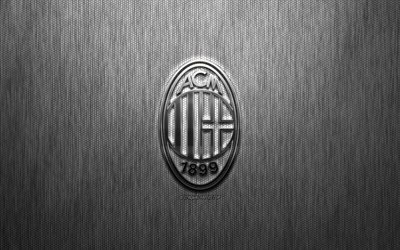 AC Milan, Italian football club, steel logo, emblem, gray metal background, Milan, Italy, Serie A, football