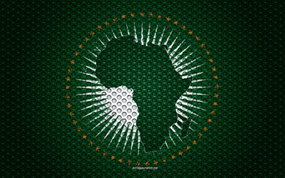 旗のアフリカ連合, 4k, 【クリエイティブ-アート, 金属メッシュの質感, アフリカ連合フラグ, 国立シンボル, アフリカ連合, アフリカ, 旗国際機関