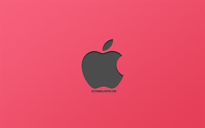Apple, logotyp, rosa bakgrund, metalliska logotyp, tryckt logotyp, snygg konst, Apples logotyp