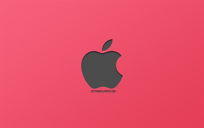 Apple, logo, pembe arka plan, metalik logo, Modern Sanat, Apple logosu basılı