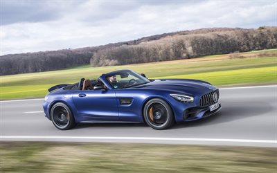 2020, Mercedes-AMG GT C Roadster, blue roadster, convertible, side view, blue sports coupe, exterior, new blue GT C Roadster, German supercars, Mercedes