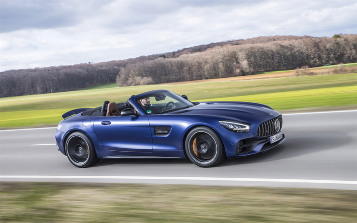 2020, la Mercedes-AMG GT C Roadster, blu, spider, cabrio, vista laterale, blu sport coupe, esteriore, nuovo blu GT C Roadster, supercar tedesca, Mercedes