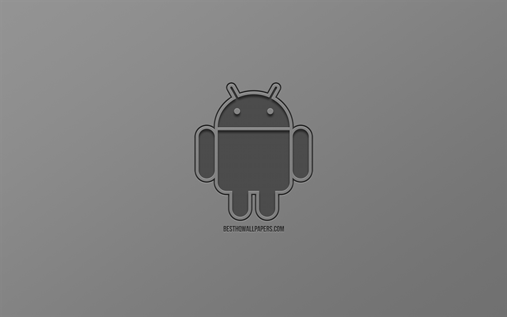 Android, logo, gri arka plan, Modern Sanat, işletim sistemleri, amblem, Android logosu