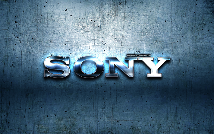 Sony logo en m&#233;tal, bleu m&#233;tal, fond, illustration, Sony, marques, Sony 3D logo, cr&#233;ation, logo Sony