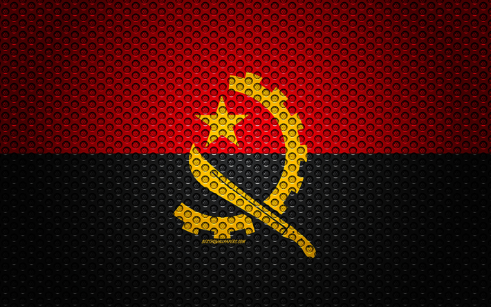 flagge von angola -, 4k -, kunst -, metall textur, angola flagge, nationales symbol, angola, afrika, flaggen der afrikanischen l&#228;nder