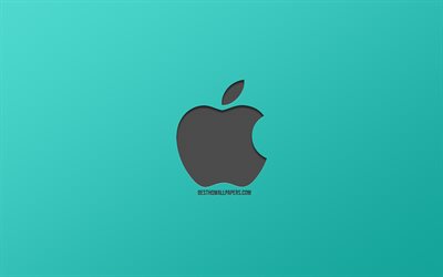 Apple, logo, turquoise background, stylish art, pressed metallic gray logo, emblem, Apple logo