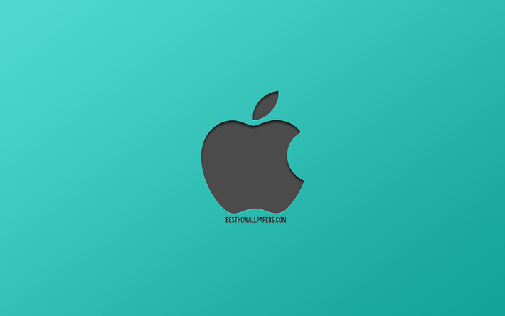 Apple, logotyp, turkos bakgrund, snygg konst, tryckte metallic gr&#229; logo, emblem, Apples logotyp