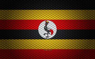 Flaggan i Uganda, 4k, kreativ konst, metalln&#228;t konsistens, Ugandas flagga, nationell symbol, Uganda, Afrika, flaggor i Afrikanska l&#228;nder