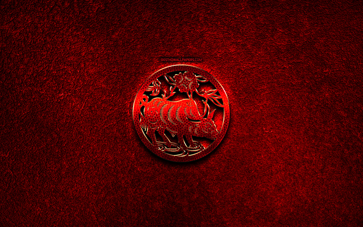 Lehm&#228;, Kiinan zodiac, punainen metalli merkkej&#228;, luova, Kiinalaisen kalenterin, Zodiac h&#228;rk&#228;, punainen kivi tausta, Kiinalainen Horoskooppi