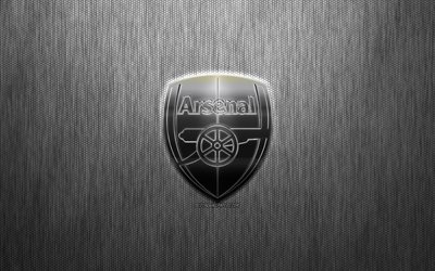 L&#39;Arsenal FC, club di calcio inglese, in acciaio logo, stemma, grigio metallo, sfondo, Londra, Inghilterra, Premier League, calcio