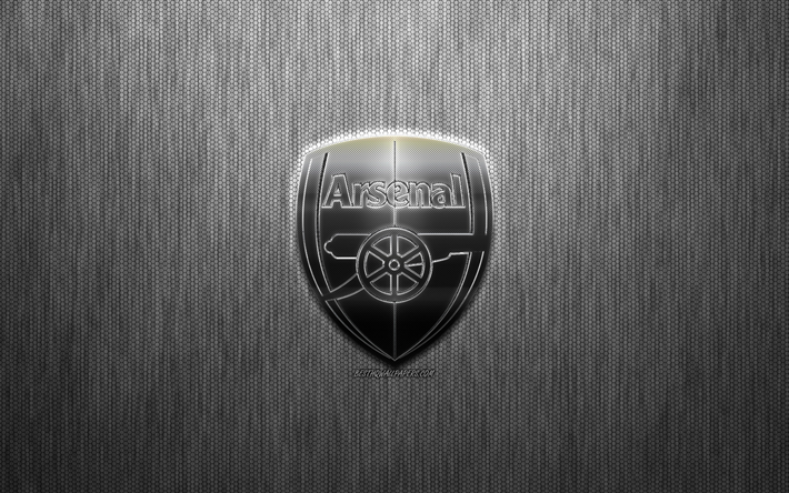 L&#39;Arsenal FC, club di calcio inglese, in acciaio logo, stemma, grigio metallo, sfondo, Londra, Inghilterra, Premier League, calcio
