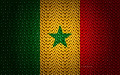 العلم السنغال, 4k, الفنون الإبداعية, شبكة معدنية الملمس, السنغال العلم, الرمز الوطني, السنغال, أفريقيا, أعلام البلدان الأفريقية