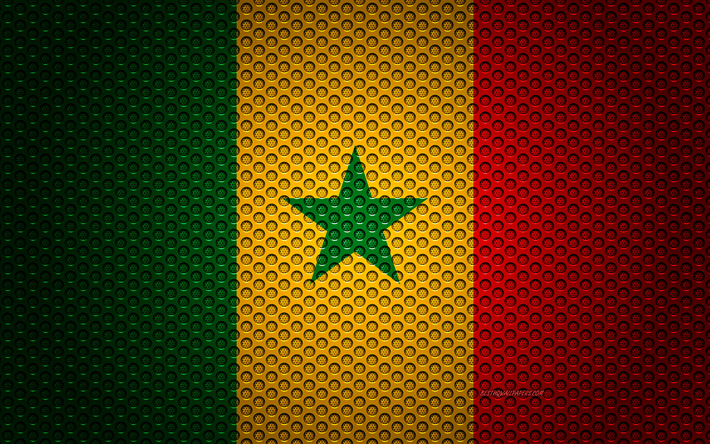 Flaggan i Senegal, 4k, kreativ konst, metalln&#228;t konsistens, Senegals flagga, nationell symbol, Senegal, Afrika, flaggor i Afrikanska l&#228;nder