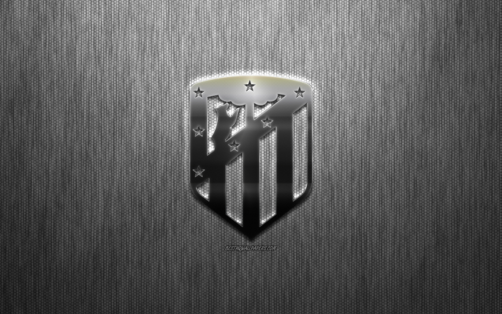 atletico madrid, der spanische fu&#223;ball-club, stahl, logo, emblem, metall grau hintergrund, madrid, spanien, la liga, fu&#223;ball