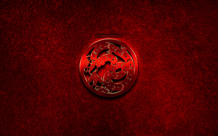 Le serpent, le zodiaque Chinois, rouge m&#233;tal signes, cr&#233;atif, calendrier Chinois, le Serpent signe du zodiaque, la pierre rouge d&#39;arri&#232;re-plan, les Signes du Zodiaque Chinois, le Serpent du zodiaque