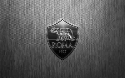 AS Roma, Italian football club, steel logo, emblem, gray metal background, Rome, Italy, Serie A, football