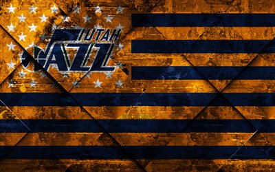 Utah Jazz, 4k, American basketball club, grunge art, grunge texture, American flag, NBA, Salt Lake City, Utah, USA, National Basketball Association, USA flag, basketball