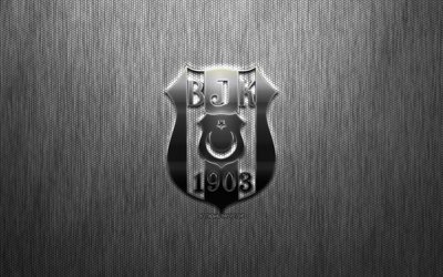 Besiktas JK, Turkish football club, steel logo, emblem, gray metal background, Istanbul, Turkey, Super League, football, Besiktas