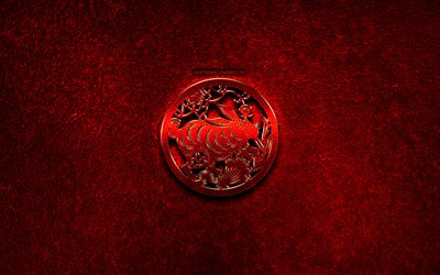 Rabbit, Chinese zodiac, red metal signs, creative, Chinese calendar, Rabbit zodiac sign, red stone background, Chinese Zodiac Signs, Rabbit zodiac