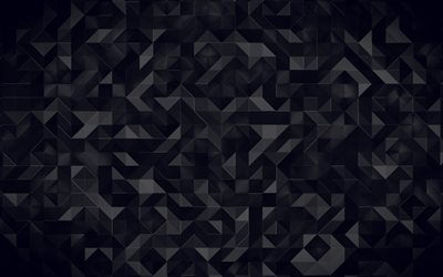 مثلثات سوداء الملمس, الأسود خلفية مجردة, هندسية الملمس, التجريد, الإبداعية أسود الملمس, 4k