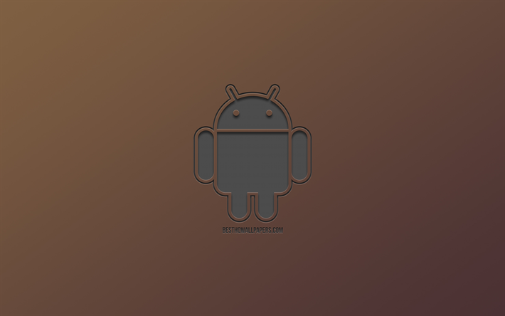 Android, gray logo, creative art, brown background, emblem, stylish art, Android logo