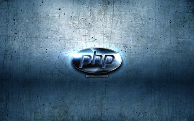 PHP metal logo, blue metal background, programming languages, PHP, brands, PHP 3D logo, creative, PHP logo