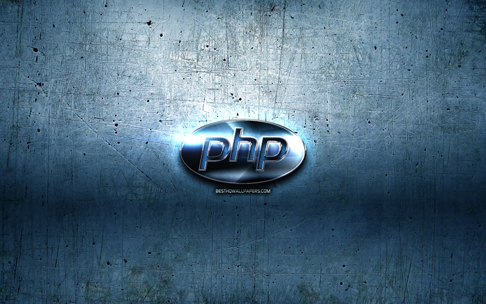 PHP in metallo con logo, blu metallo, sfondo, linguaggi di programmazione, PHP, marche, PHP logo 3D, creativo, logo PHP