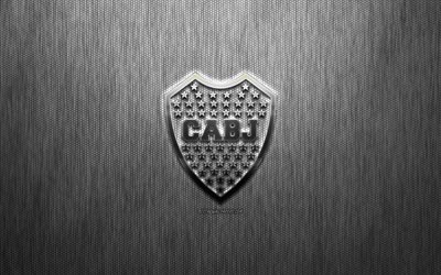 Boca Juniors, Argentine football club, steel logo, emblem, gray metal background, Buenos Aires, Argentina, Argentine Super League, football