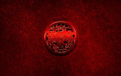 Pig, Chinese zodiac, red metal signs, creative, Chinese calendar, Pig zodiac sign, red stone background, Chinese Zodiac Signs, Pig zodiac