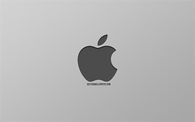 Mela, sfondo grigio, logo, stile art, minimalismo, logo in metallo, emblema, l&#39;arte alla moda, il logo Apple